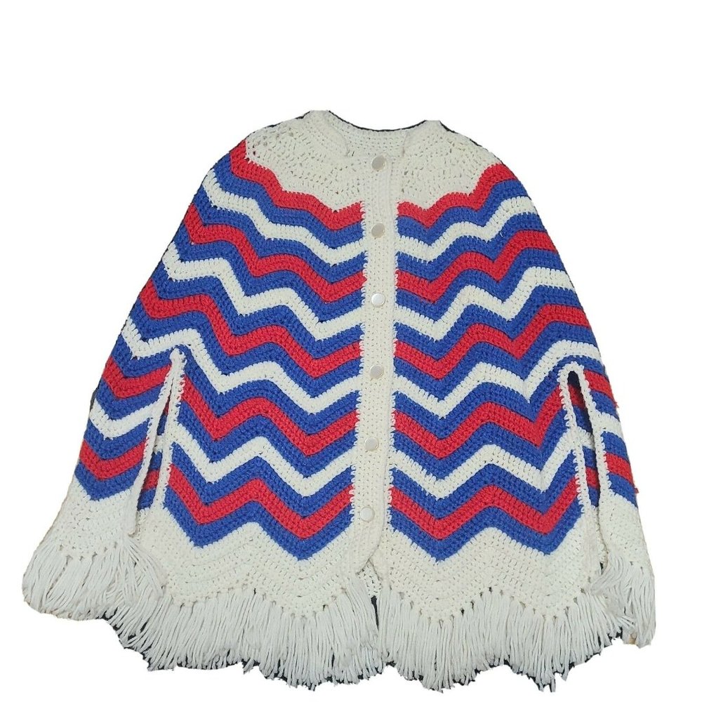 Stylish Chevron Knit Cape in Cream, Blue, and Red